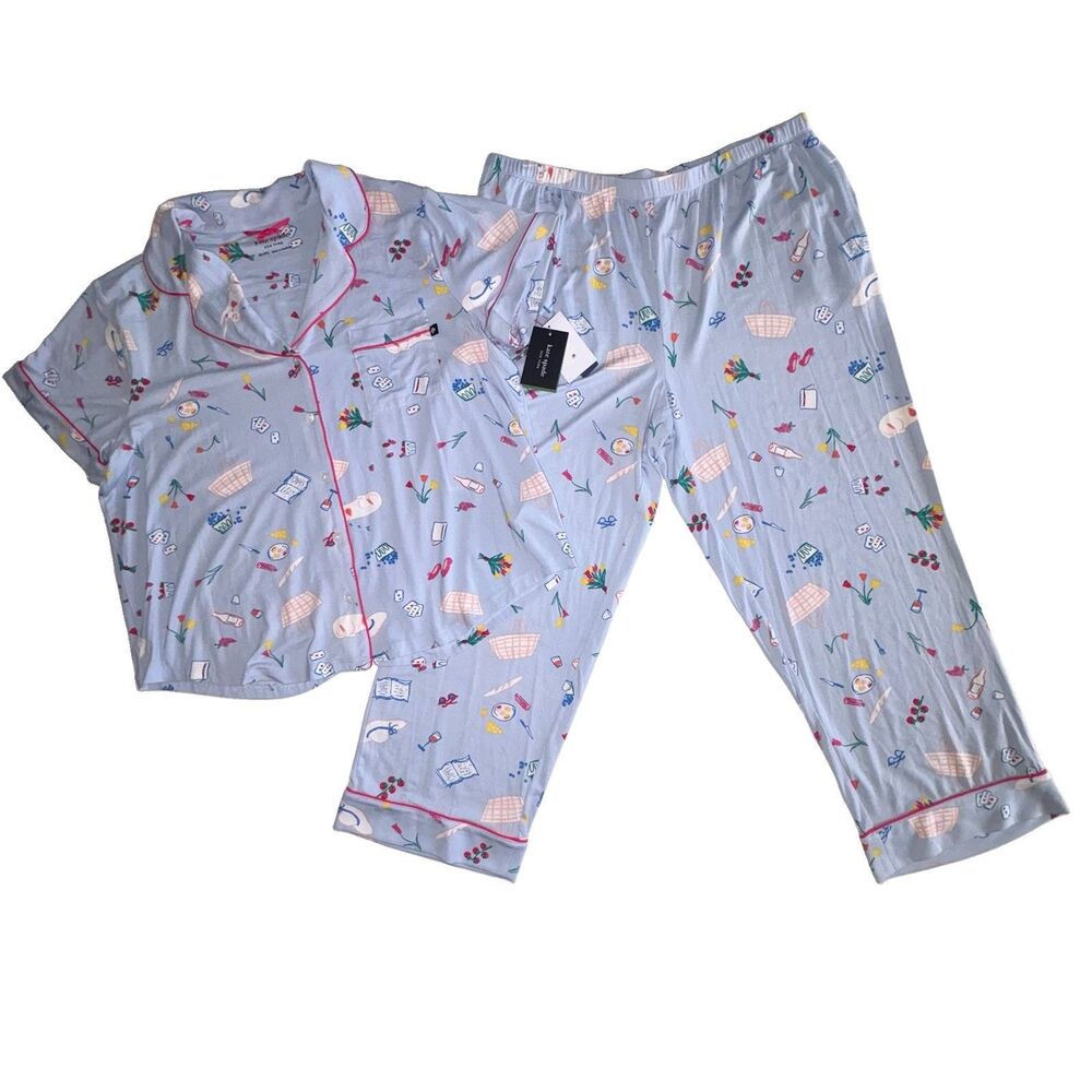 KATE SPADE New York Blue Print Pajama Set Size XL NEW Short Sleeve Top Crop Pant